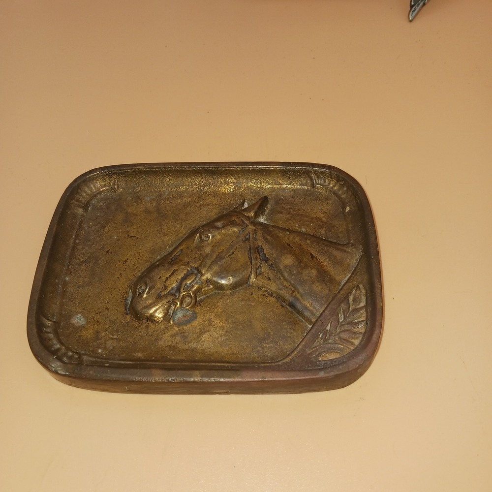 Vintage Heavy Brass Horse Head Paperweight Trinket Tray Equestrian Desk Decor
